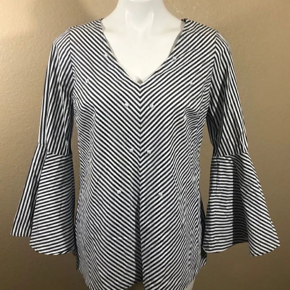 Notations dark gray white striped bell sleeve top